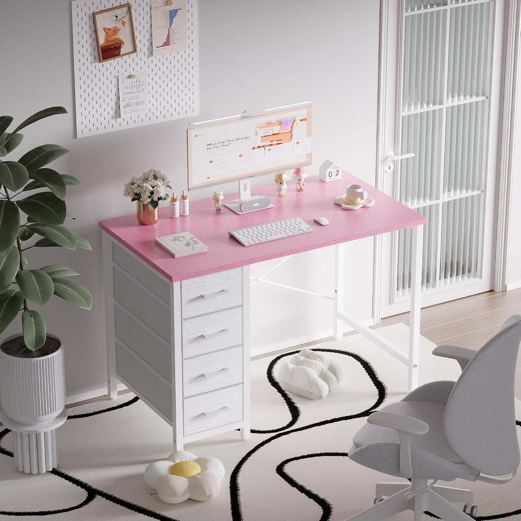 Pamray 32 Inch Computer Desk with 4 Drawers Small Office Desk for Home Bedroom Study Writing Modern Computer Table Pink
