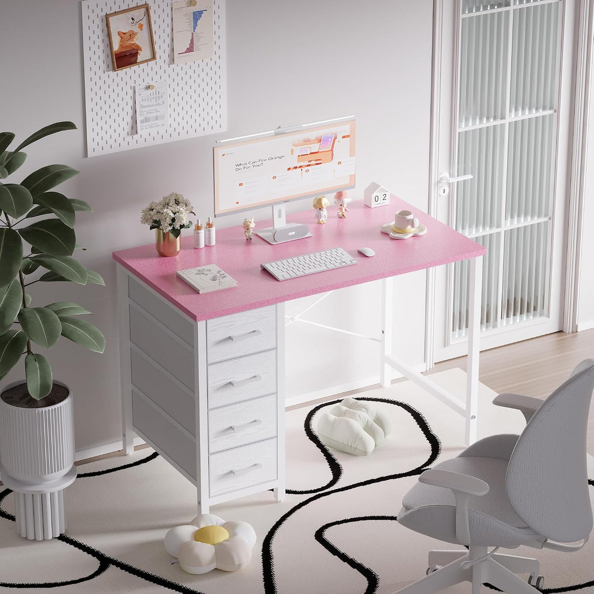 Pamray 32 Inch Computer Desk with 4 Drawers Small Office Desk for Home Bedroom Study Writing Modern Computer Table Pink