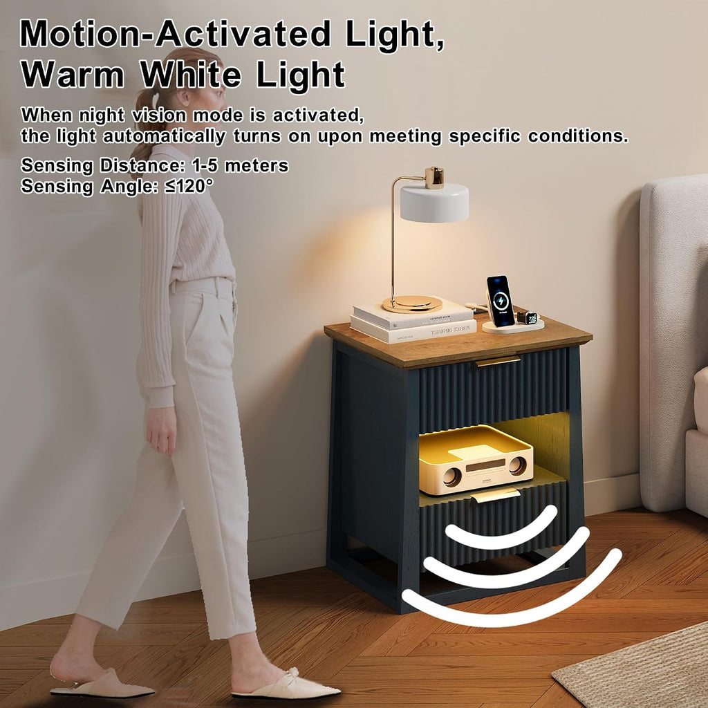 HIFYOBRO Fluted End Table with Charging Station and Motion Sensor Light, Modern Blue Side Table with 2 Drawers and Storage Shelf for Living Room, Bedroom, Guest Room