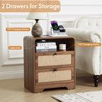 Farmhouse Nightstand with Charging Station, Night Stand with 2 Drawers, Mid-Century End Table with Linen Decor Storage for Livng Room Sofa Couch, Bedroom, Home Office 19.68"x13.77"x23.62"