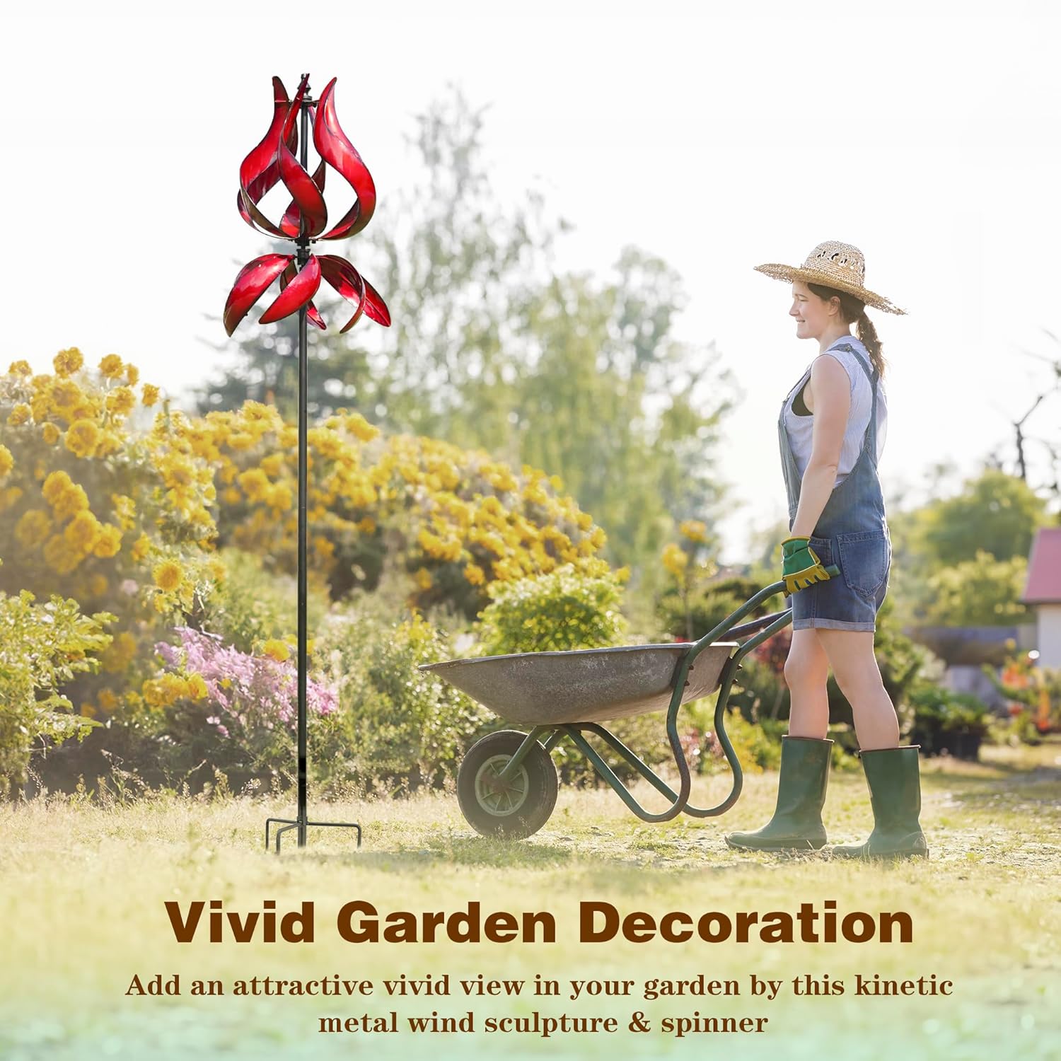 Large Garden Wind Spinner - Tulip Outdoor Yard Wind Sculptures & Spinners, Garden Decor Gift Ideas for Mother, Birthday, Housewarming (Dia19 x H87”)