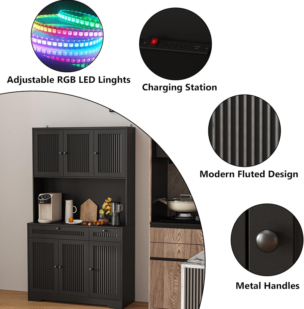 Pantry Storage Cabinet with Charging Station, Kitchen Storage with Adjustable Shelves, Food Pantry Cabinet with Coffee Bar Storage, Modern Kitchen Cupboard for Dining Room, Living Room, Black