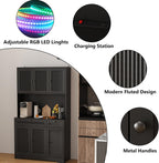 Pantry Storage Cabinet with Charging Station, Kitchen Storage with Adjustable Shelves, Food Pantry Cabinet with Coffee Bar Storage, Modern Kitchen Cupboard for Dining Room, Living Room, Black