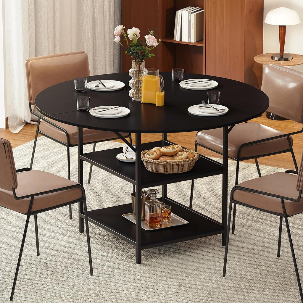 GOFLAME Round Dining Table for 4-6 People, 47” Kitchen Table with 2-Tier Storage Shelves and Heavy-Duty Metal Frame, Industrial Dinner Table for Kitchen, Dining Room, Apartment, Black