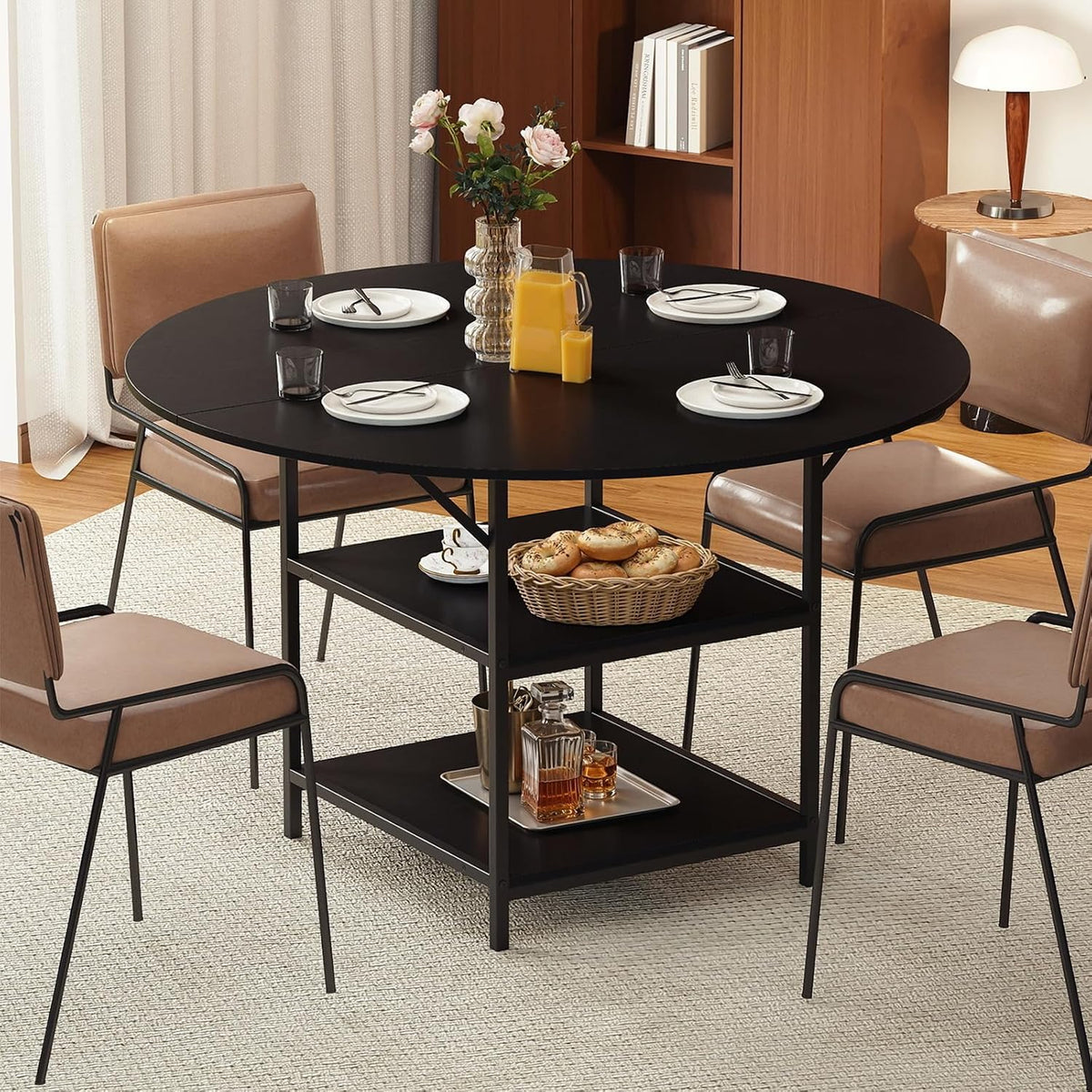 GOFLAME Round Dining Table for 4-6 People, 47” Kitchen Table with 2-Tier Storage Shelves and Heavy-Duty Metal Frame, Industrial Dinner Table for Kitchen, Dining Room, Apartment, Black
