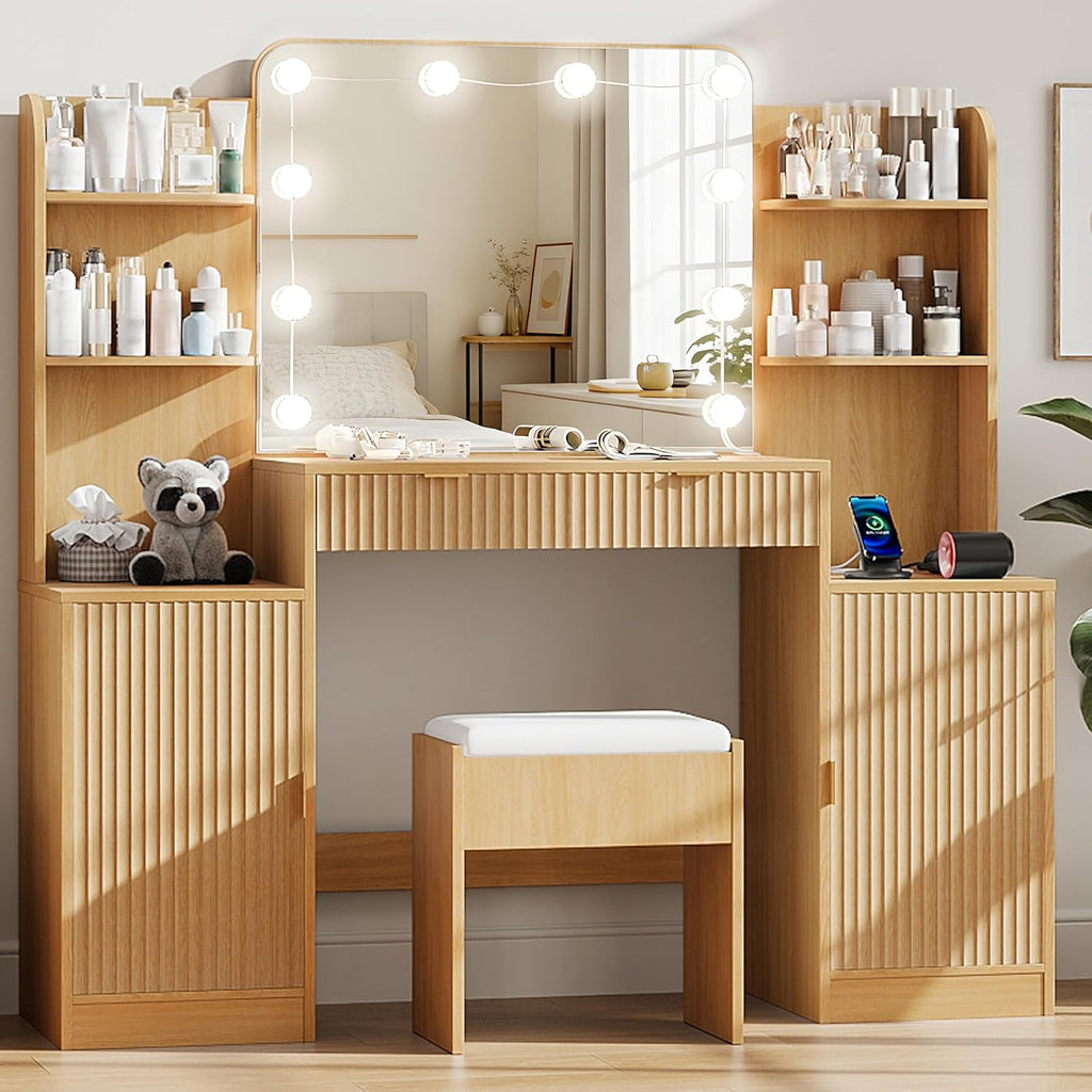 wanan Fluted Vanity, Large Vanity Set with Chair, Outlet, Mirror & Lights | 15"D x 53"W x 53"H, ample storage: 2 cabinets+2 drawers+4 shelves, 3-color/10-brightness lights, solid build, easy-clean