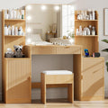 wanan Fluted Vanity, Large Vanity Set with Chair, Outlet, Mirror & Lights | 15"D x 53"W x 53"H, ample storage: 2 cabinets+2 drawers+4 shelves, 3-color/10-brightness lights, solid build, easy-clean