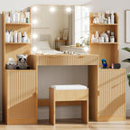 wanan Fluted Vanity, Large Vanity Set with Chair, Outlet, Mirror & Lights | 15"D x 53"W x 53"H, ample storage: 2 cabinets+2 drawers+4 shelves, 3-color/10-brightness lights, solid build, easy-clean