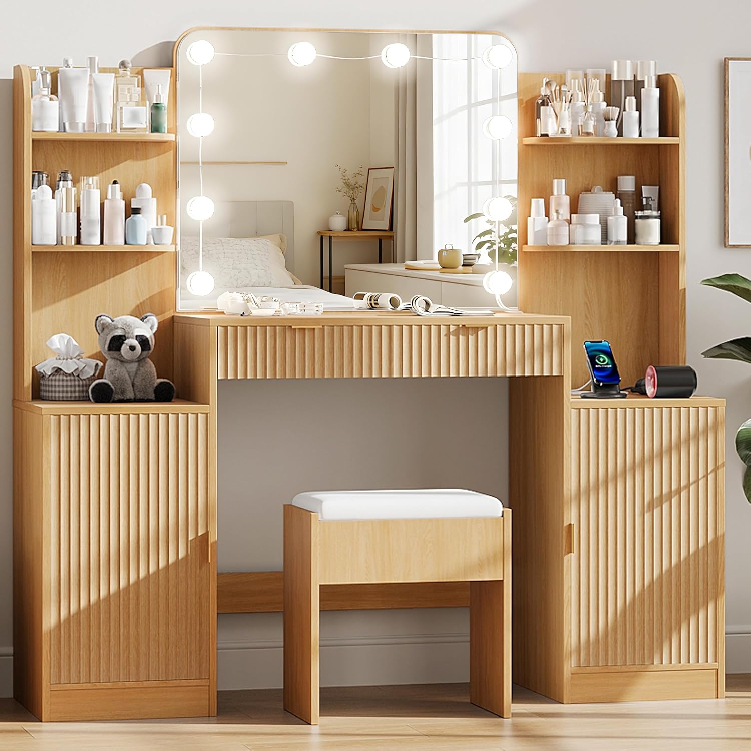 wanan Fluted Vanity, Large Vanity Set with Chair, Outlet, Mirror & Lights | 15"D x 53"W x 53"H, ample storage: 2 cabinets+2 drawers+4 shelves, 3-color/10-brightness lights, solid build, easy-clean