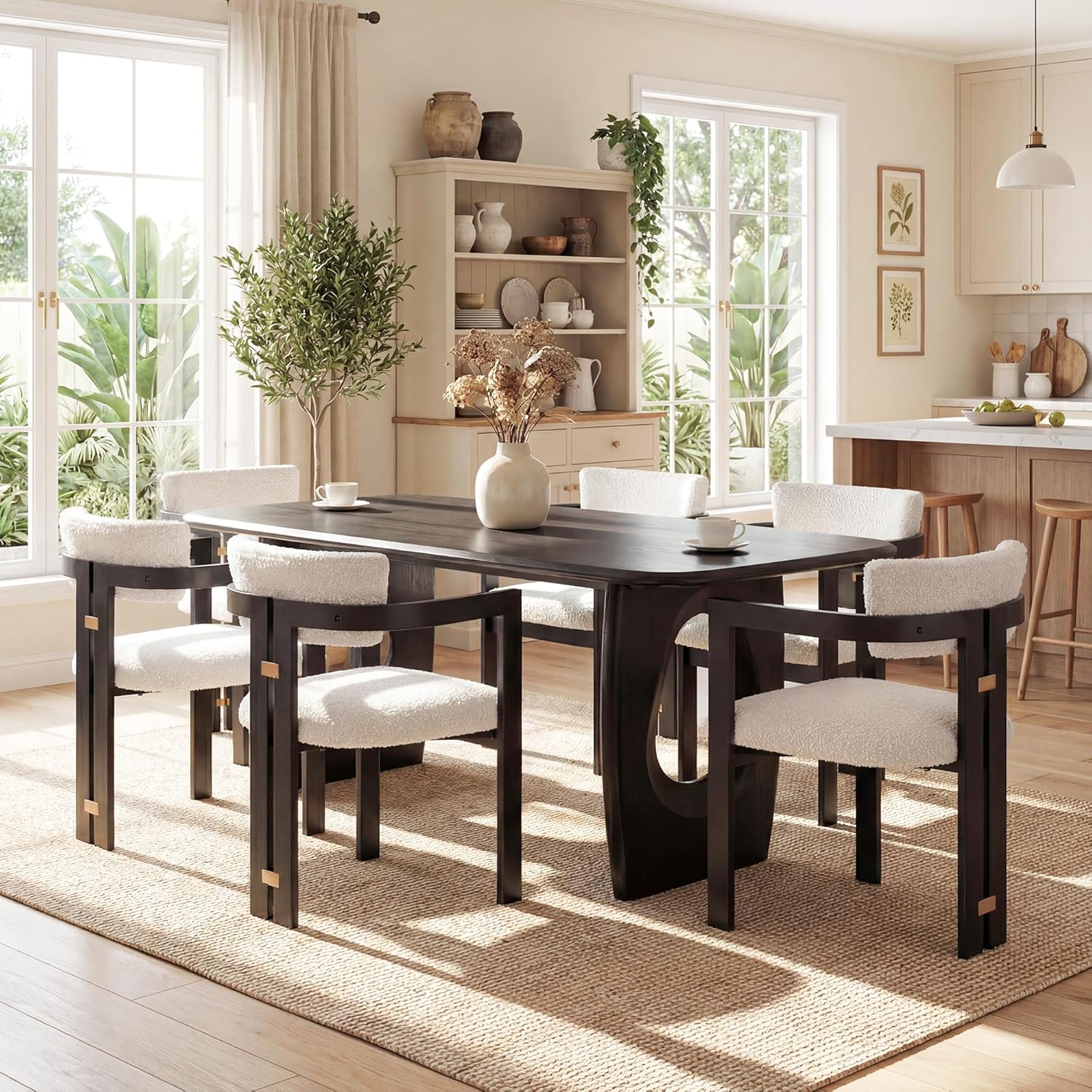 Morden Fort Boucle Dining Chair Set of 6, Upholstered Kitchen Chairs with Metal Frame & Curved Backrest, Mid Century Modern Dining Chairs for Dining Room, Living Room, Apartments (with Arm, Set of 6)