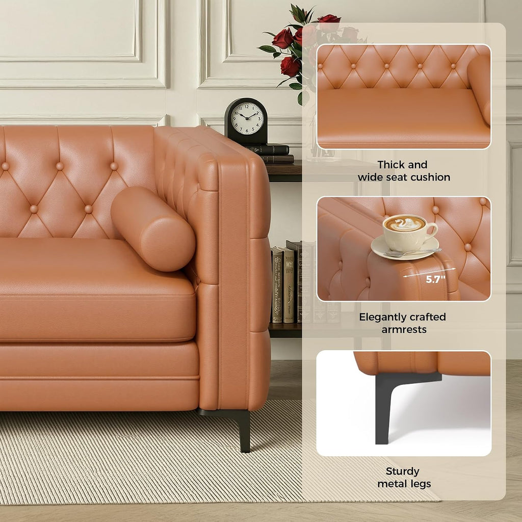 Luxanimarion Faux Leather Couch for Living Room, Mid-Century Modern Sofa with Button Tufting, Metal Legs and 2 Bolster Pillows, Comfortable Deep Seat for Apartment, Office, Caramel 1 PCS