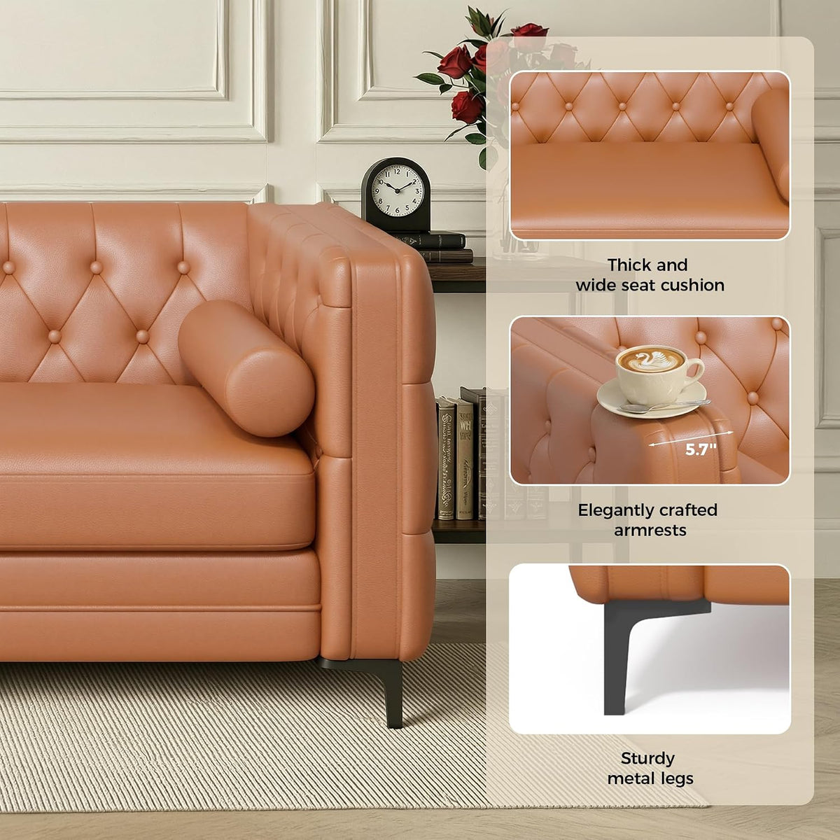 Luxanimarion Faux Leather Couch for Living Room, Mid-Century Modern Sofa with Button Tufting, Metal Legs and 2 Bolster Pillows, Comfortable Deep Seat for Apartment, Office, Caramel 1 PCS