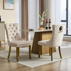 LKTART Dining Chairs Set of 6 Mid-Century Modern Chairs with Lion Head Pull Ring, Velvet Upholstered Dining Chair with Golden Wooden Legs Nailhead Trim for Kitchen Bedroom Dining Room (Beige)