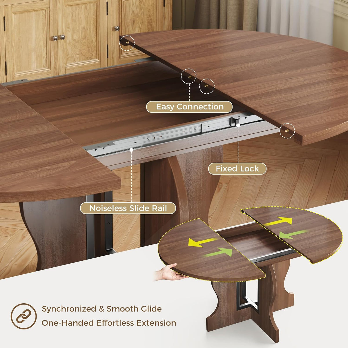 Mondeer Extendable Round Dining Table for 4-6, 43.3"-59" Oval Dining Table with Heavy Duty Wood Base and Hidden Extension Storage Space Saving, for Kitchen Living Room (Walnut)
