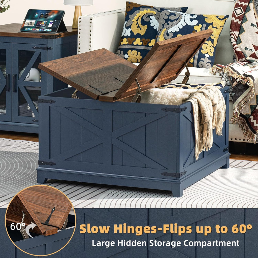 Joaxswe Farmhouse Coffee Table Set 3, End Table and Coffee Table | Blue 24'' Side Table with Charger and Coffee Table with Hidden Storage Organizer, Center Table Set for Living Room,Office