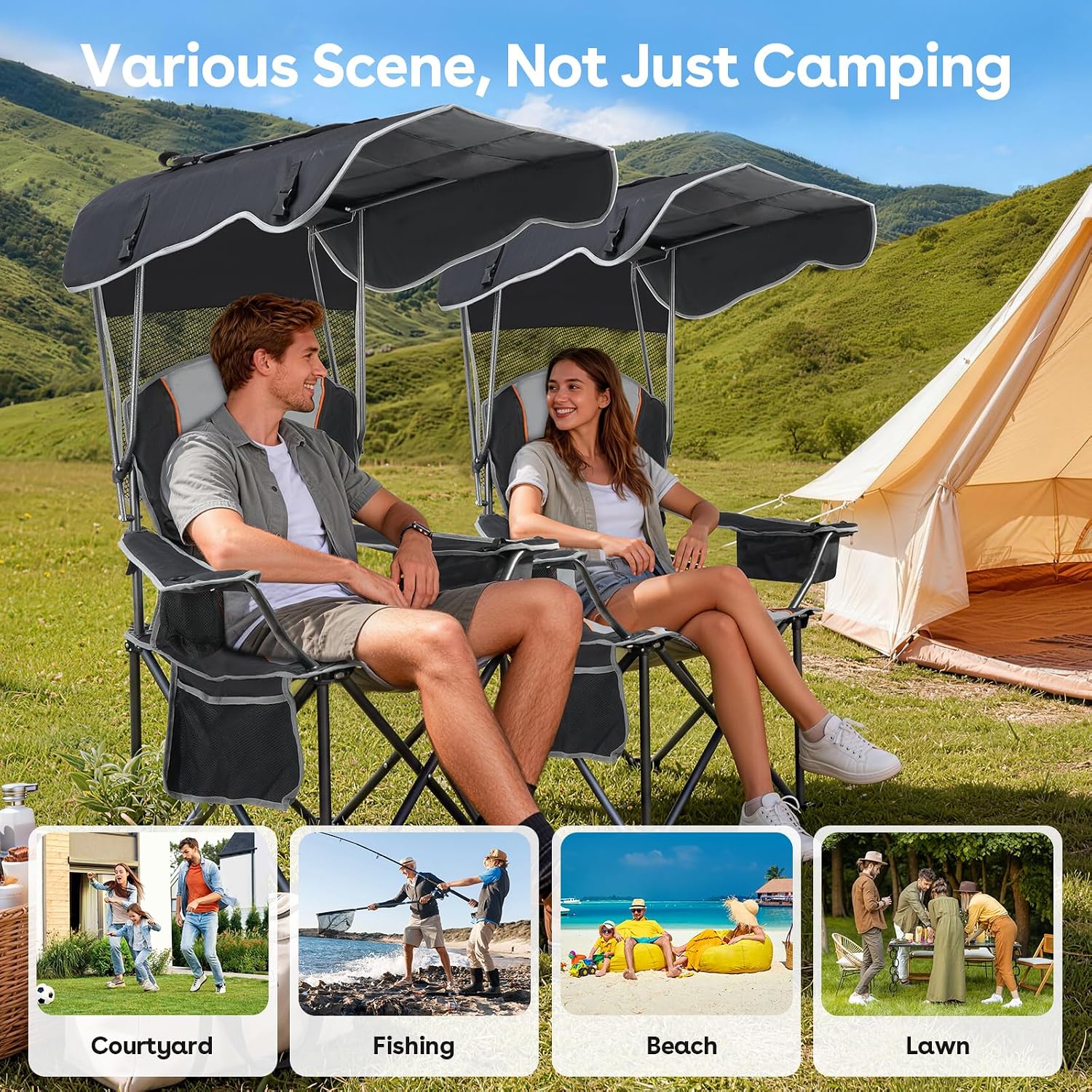 Suteck Camping Chair with Canopy, Outdoor Beach Chair with Adjustable Sun Shade Canopy, Cup Holder, Side Pockets - Heavy Duty Folding Chair with Full Sun Protection Supports 500lbs, Black