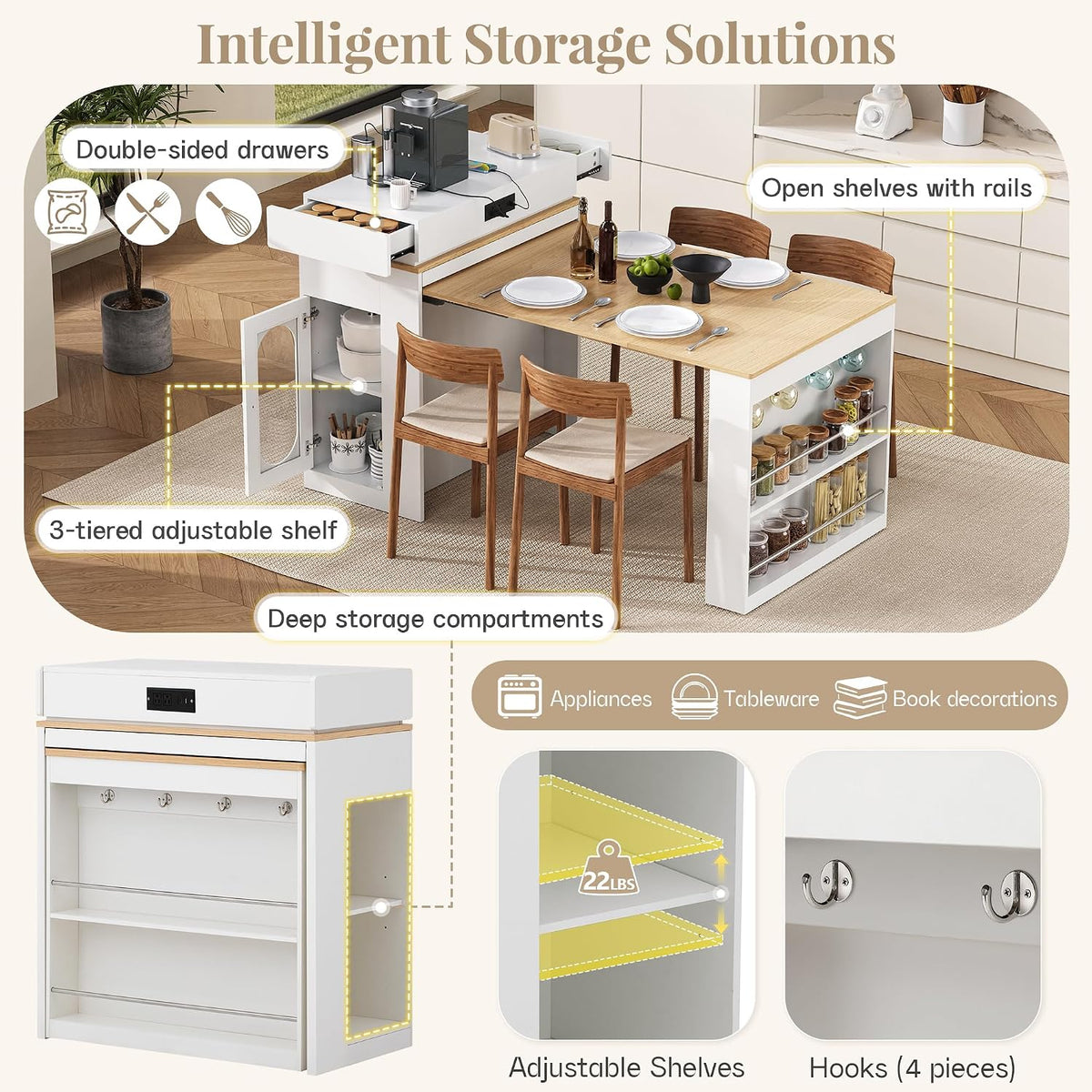 Extendable Dining Table with Storage, Transformer Console Table for 1-4 People, Mobile Rolling Island Table Space Saving Dining Room Table with Built-in Outlet for Homes, Apartments, Cream White