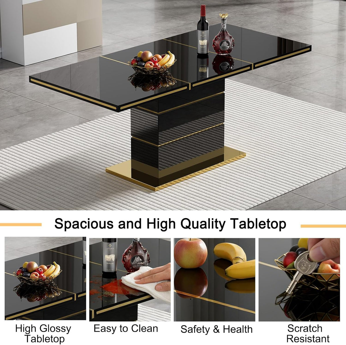 Henf 70" Black Dining Table for 4 6, Modern Glossy Kitchen Table with 1.5" Thick Lacquered Tabletop and Gold Stainless Steel Trim, Luxury Rectangular Dinner Tables for Dining Room