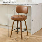 Swivel Bar Stools Set of 3, 26" Counter Height, Brown | Walnut Wood Legs, Upholstered Seat, Supportive Backrest, Easy-Clean Faux Leather, Mid-Century Modern, 4-Inch Cushion