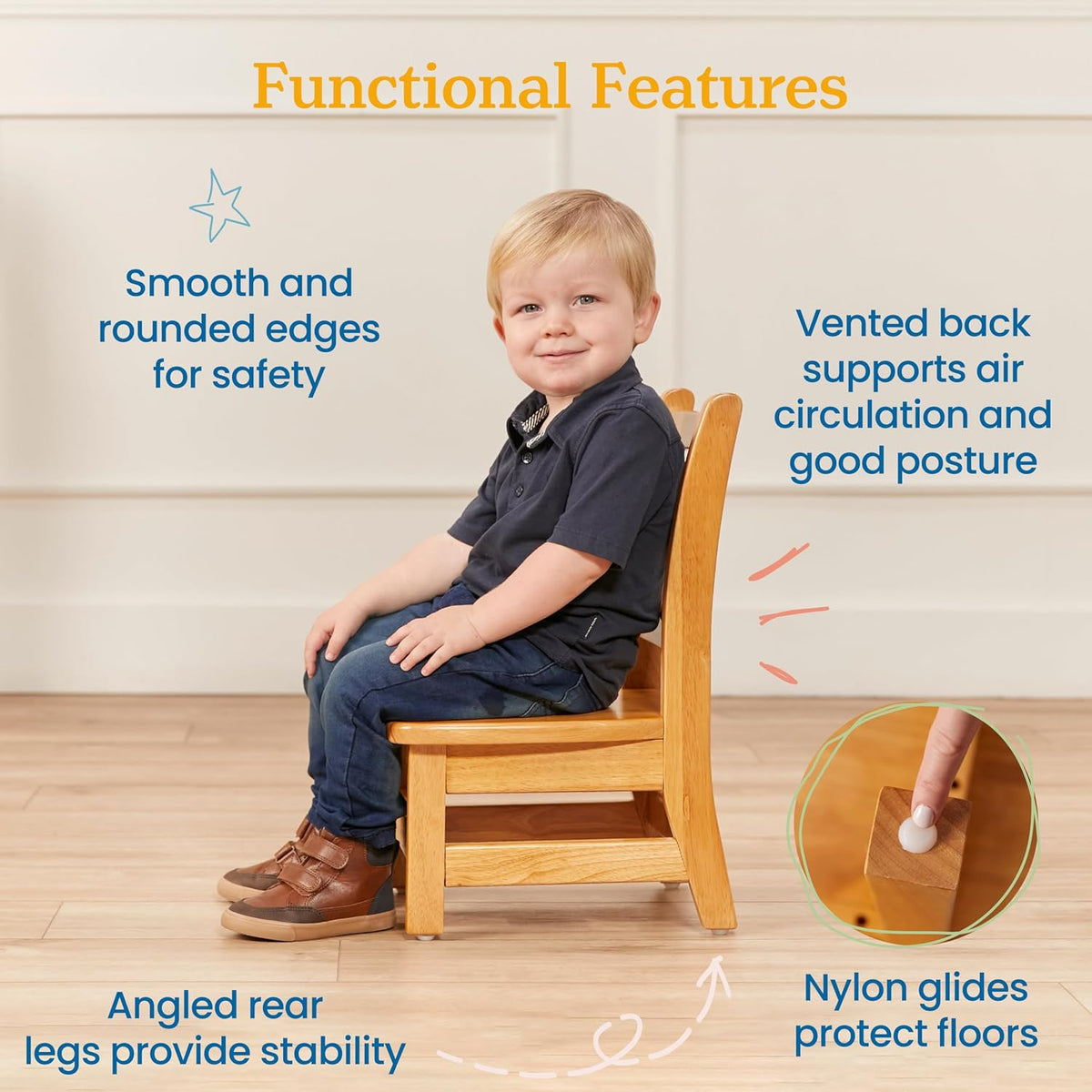 ECR4Kids 30in D Round Hardwood Table with 16in Legs and Two 8in Chairs, Kids Furniture, Honey | Durable rubberwood, GREENGUARD Gold Certified, ANSI/BIFMA Compliant, 2-3 years, 74 lb seat capacity, classroom & home use