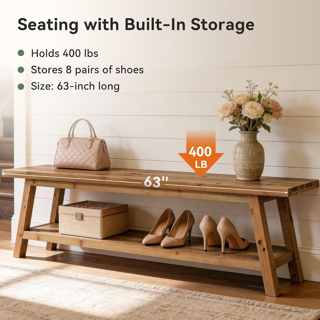 Solid Wood Entryway Bench with Shoe Storage Shelf, 62.99" Long Rustic Hallway Shoe Bench, Natural Wood Mudroom Window Seating, 400 lbs Capacity