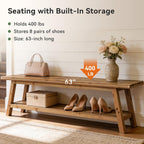 Solid Wood Entryway Bench with Shoe Storage Shelf, 62.99" Long Rustic Hallway Shoe Bench, Natural Wood Mudroom Window Seating, 400 lbs Capacity