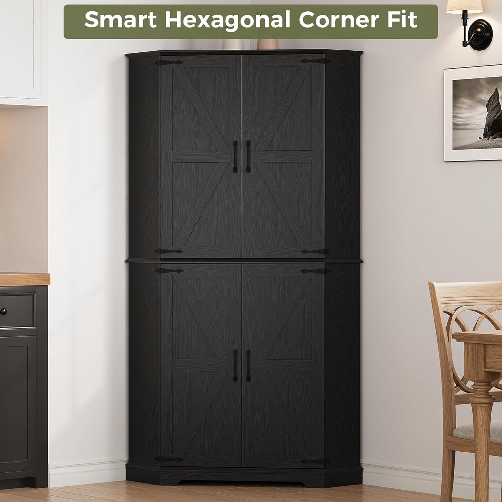 IRONCK Corner Cabinet, 72" Kitchen Pantry Cabinet, 6-Tier Freestanding Farmhouse Pantry with 2 Adjustable Shelves, 240°Swivel Doors, 2 Doors Storage, Spacious Hutch for Kitchen, Living Room, Black
