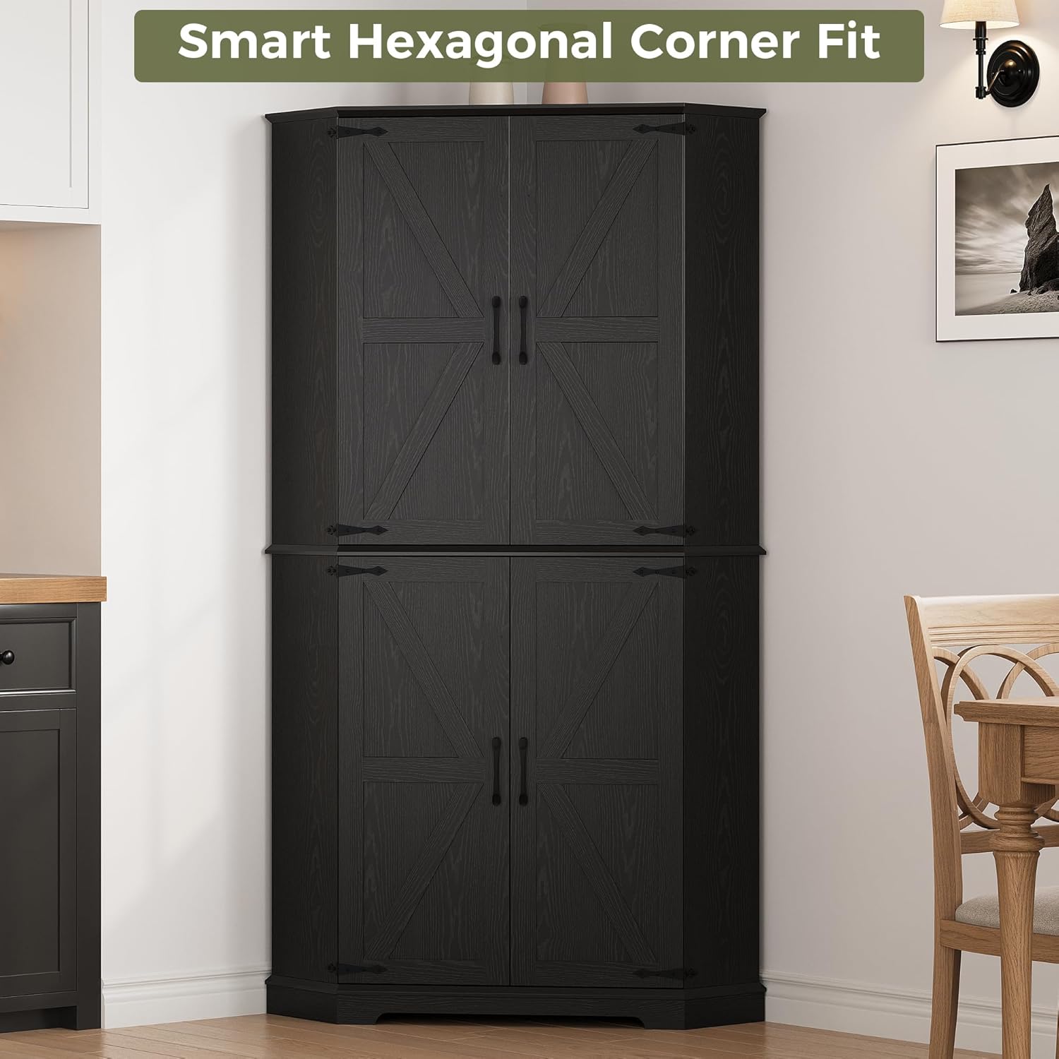 IRONCK Corner Cabinet, 72" Kitchen Pantry Cabinet, 6-Tier Freestanding Farmhouse Pantry with 2 Adjustable Shelves, 240°Swivel Doors, 2 Doors Storage, Spacious Hutch for Kitchen, Living Room, Black