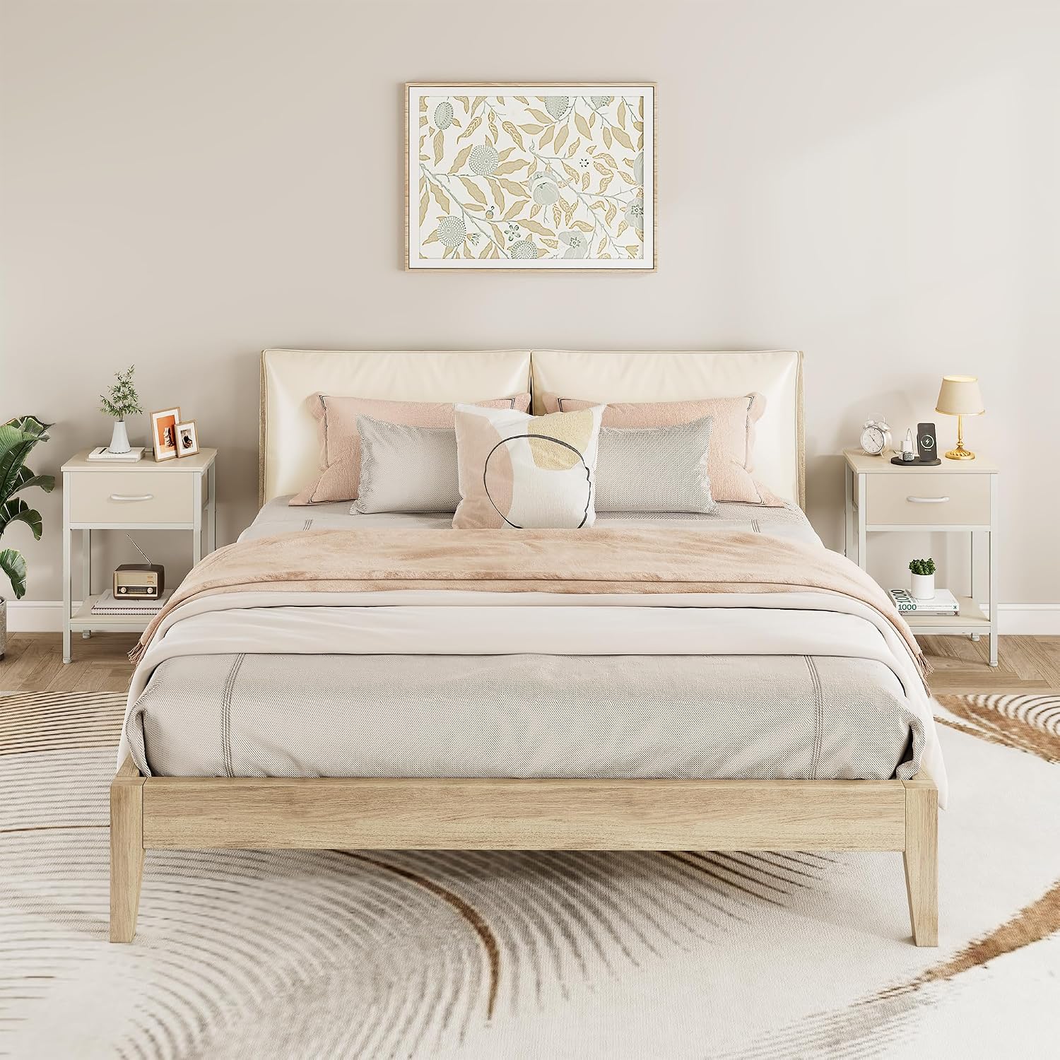 Vagusicc Nightstand with Charging Station, End Table with Fabric Drawer, Small Side Table with 2-Tier Storage Shelves, 25.4" Tall Night Stand, Bedside Table for Bedroom, Living Room, Dorm, Beige