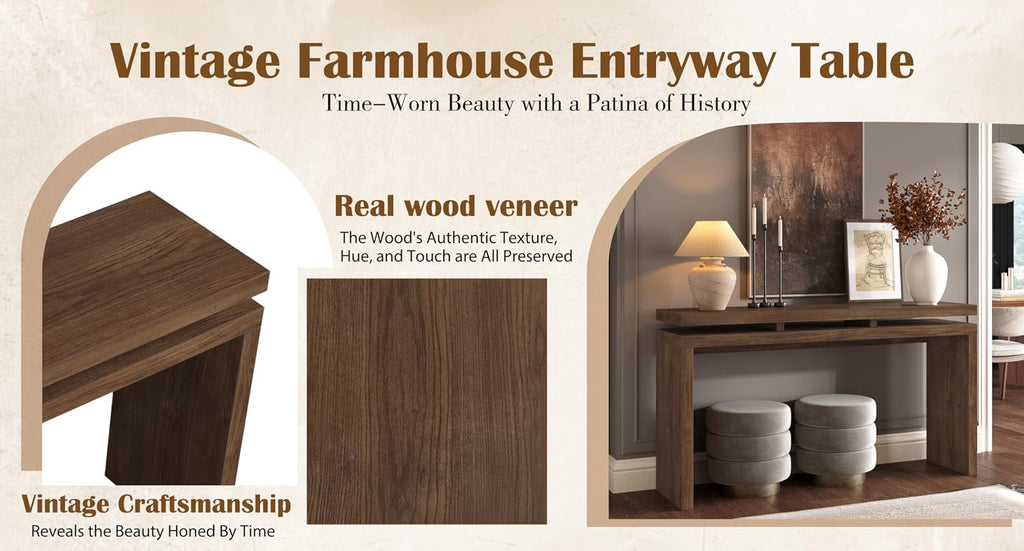 60" Antique Natural Farmhouse Console Table with Double Board Suspension Design, Versatile Buffet Sideboard, Retro Wooden Sofa Side Table for Entryway, Hallway and Living Room (Antique Brown-02)