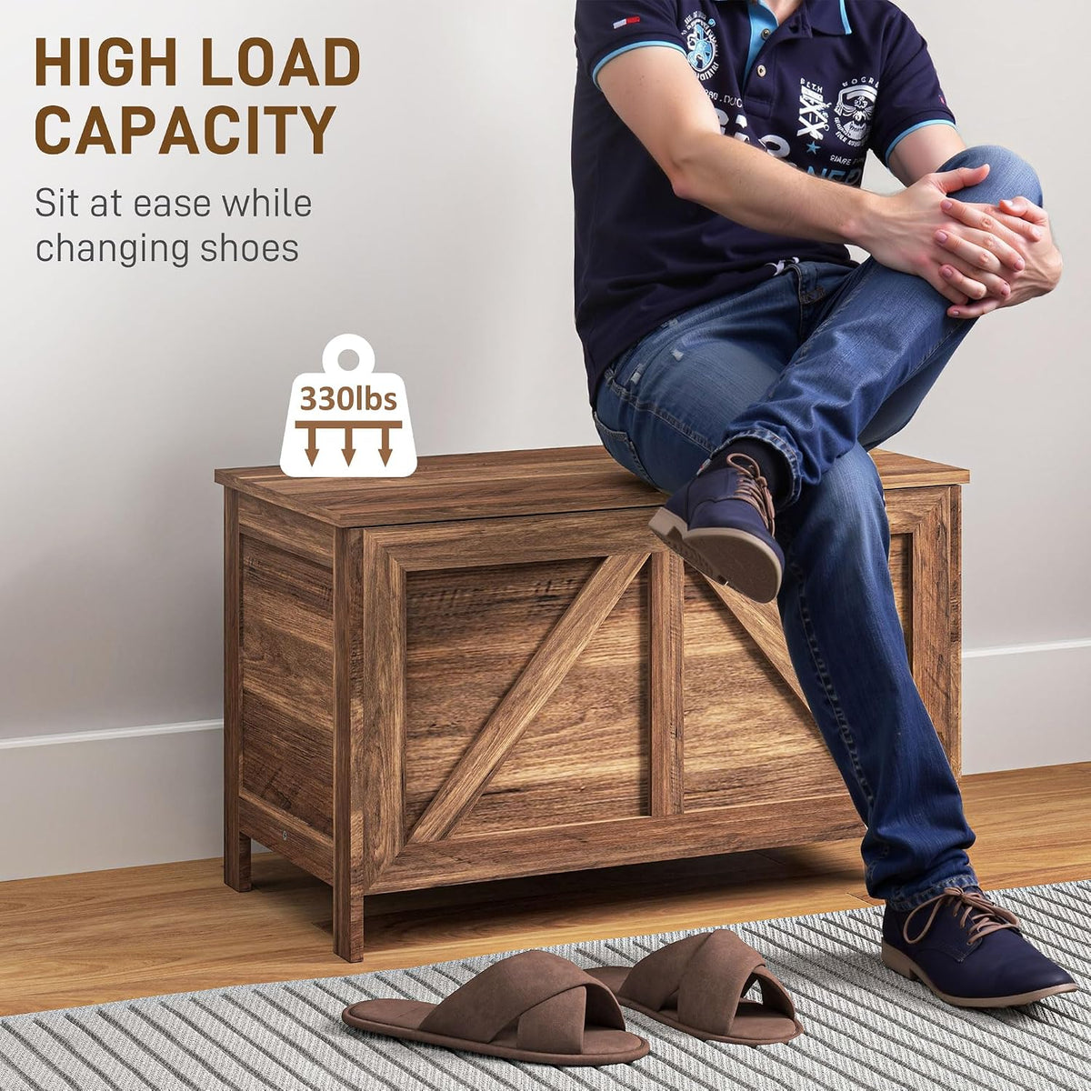 HOMCOM 30" Farmhouse Storage Bench Lift Top Storage Chest in Brown Oak | Safety Hinge, Open Up 100°, Wooden Trunk, Bedroom, Entryway, Living Room