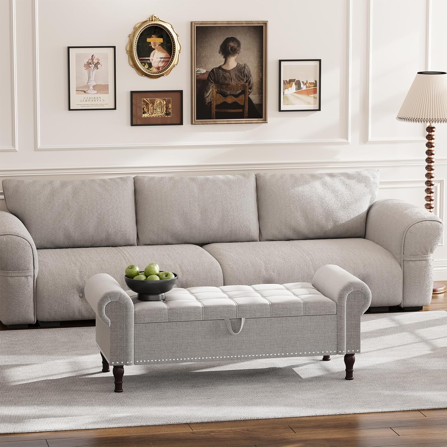 Apicizon 51” Bench with Storage, Upholstered Tufted Button Bedroom Bench with Storage, Linen Ottoman Bench for Bedroom, Living Room, Entryway, Light Gray