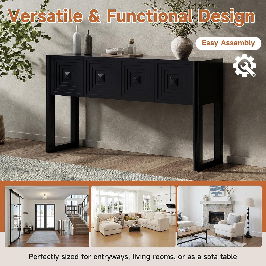 55 Inch Console Table with Geometric Carved Front | Pine wood and MDF build, 54.9 in sofa table, geometric carved front, soft-close storage, for entryway, living room, hallway