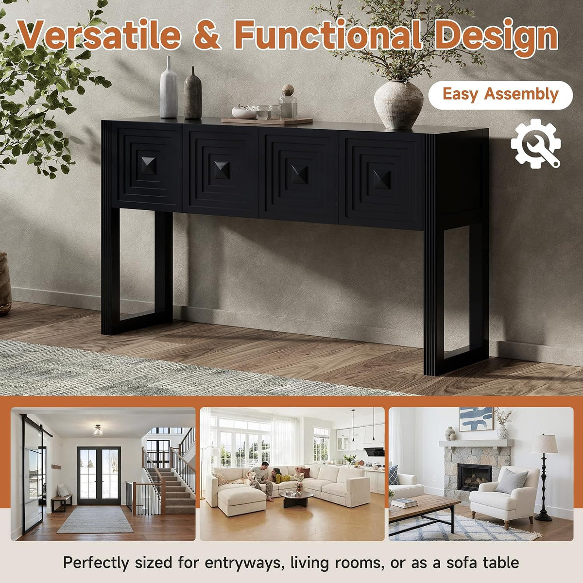 55 Inch Console Table with Geometric Carved Front | Pine wood and MDF build, 54.9 in sofa table, geometric carved front, soft-close storage, for entryway, living room, hallway