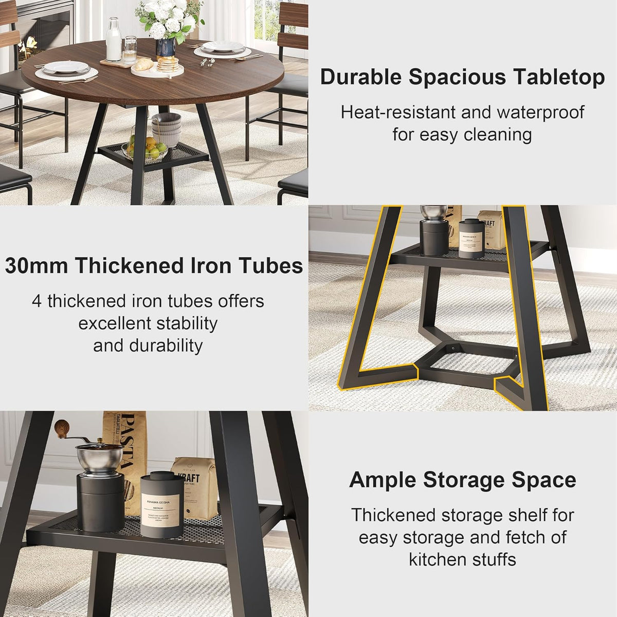 knoworld Round Dining Table for 4, Kitchen Tables Dining Room Circle Dinner Table with Pedestal Metal Frame, Space Saving Wood Industrial Kitchen & Dining Room Tables, Walnut 43In