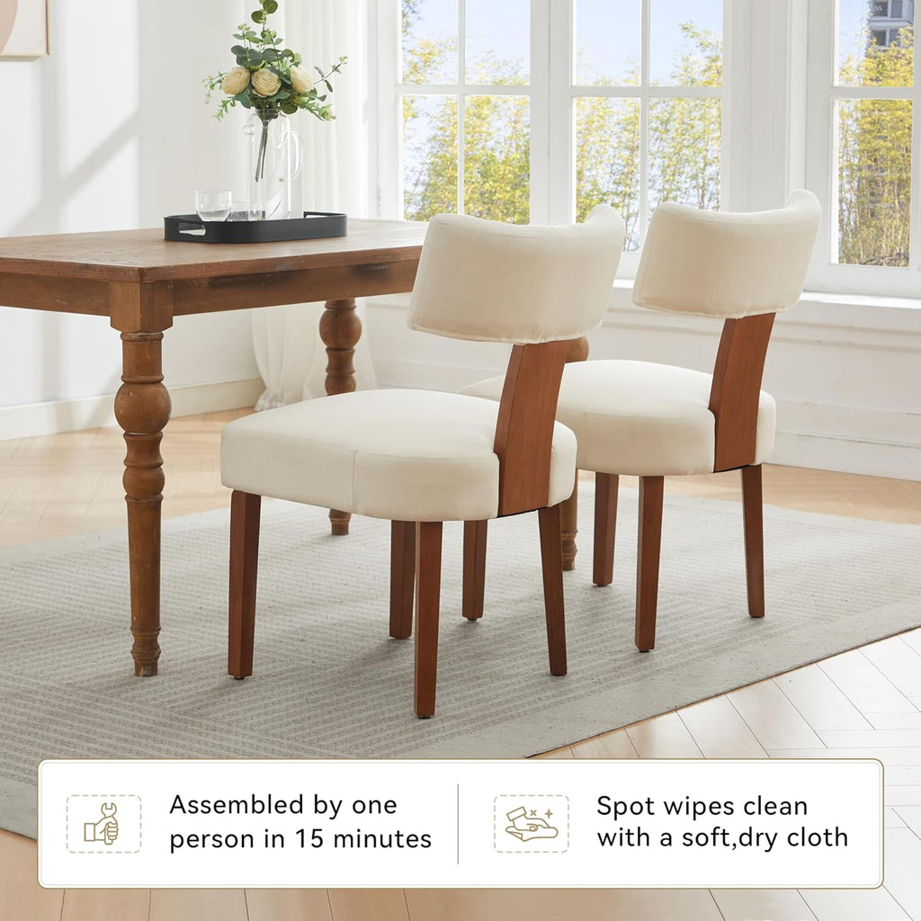 Mid-Century Modern Dining Chairs Set of 4, Upholstered Linen Fabric Kitchen Chairs with Curved Backrest, Farmhouse Dining Room Chairs with Solid Wood Legs, Easy Assembly, Beige