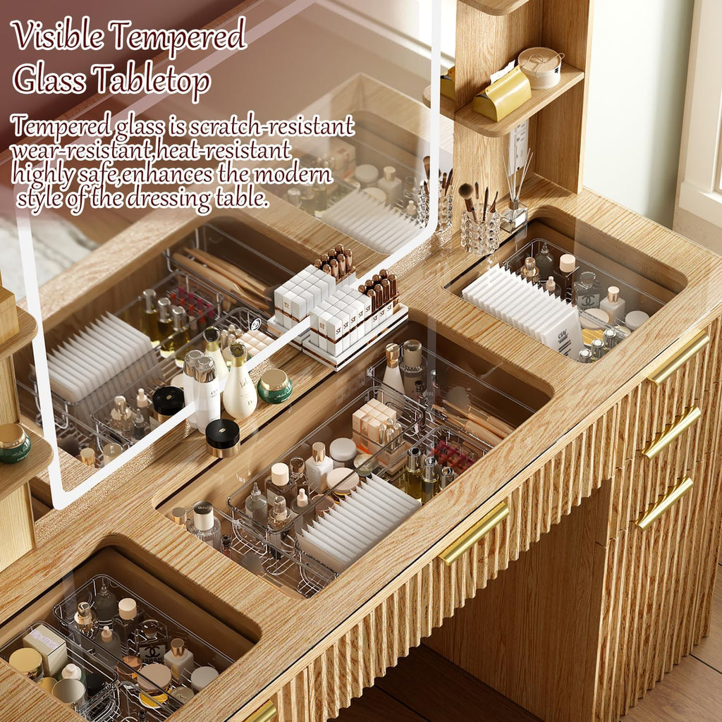 47.2" Fluted Makeup Vanity Desk with Large, 28.7" Mirror and Lights, 5 Drawer Vanity with Power Strip, 6 Open Shelves, 2 Cabinet, Modern Bedroom Vanity Featuring Visual Transparent Glass