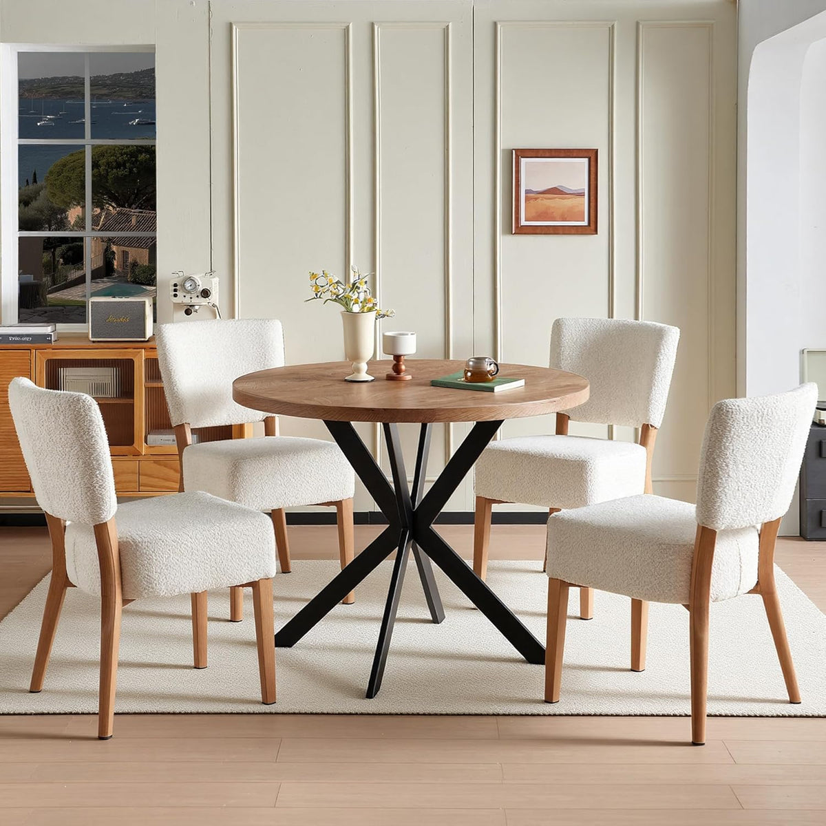 Howtek 5-Piece Kitchen Table Set, 37-Inch Faxu Wood Round Dining Table, White Upholstered Kitchen Side Chairs with Backrest & Metal Legs for Breakfast Nook, Dining Room, Office, Kitchen