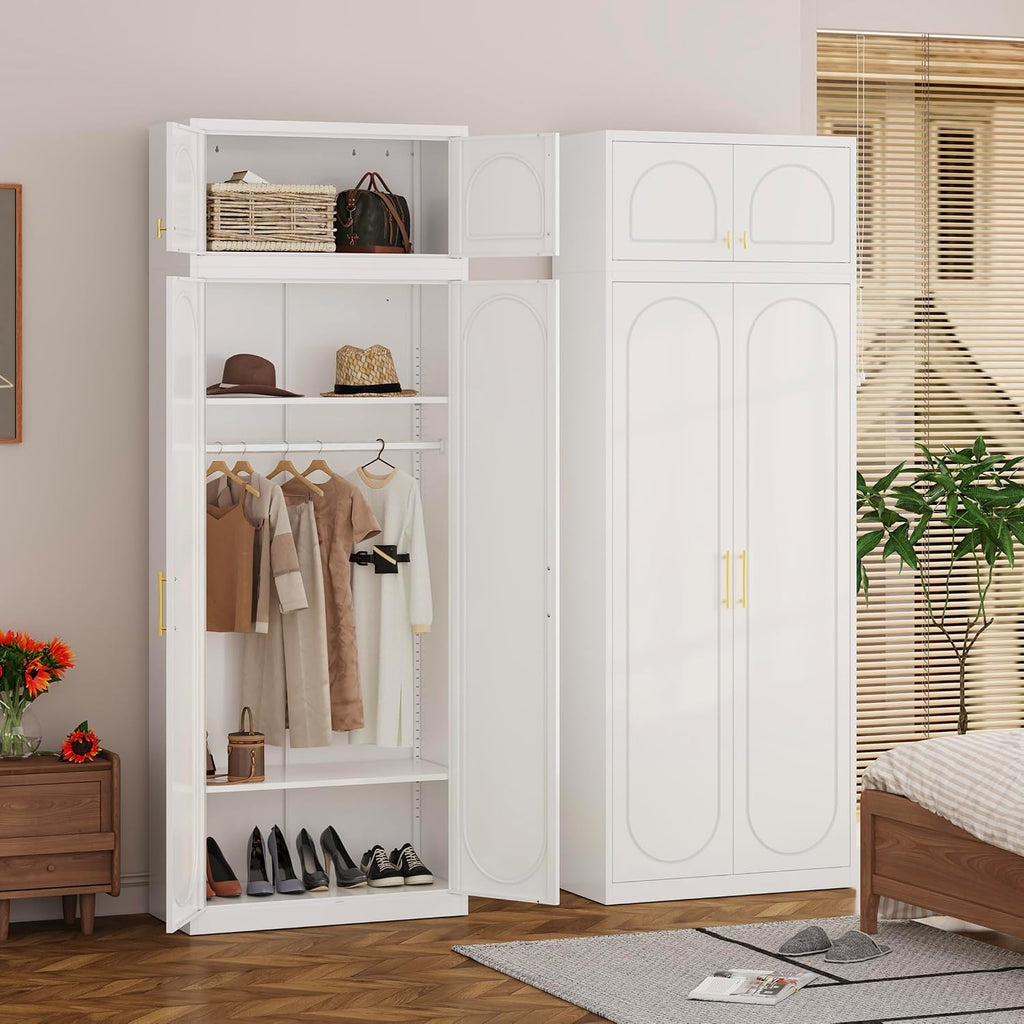 86" Tall Wardrobe Closet with Doors and Adjustable Shelves, White | Metal Armoire Wardrobe Closet, Wardrobe Cabinet with Hanging Rod, White Clothing Storage Cabinets for Bedroom, Home Office
