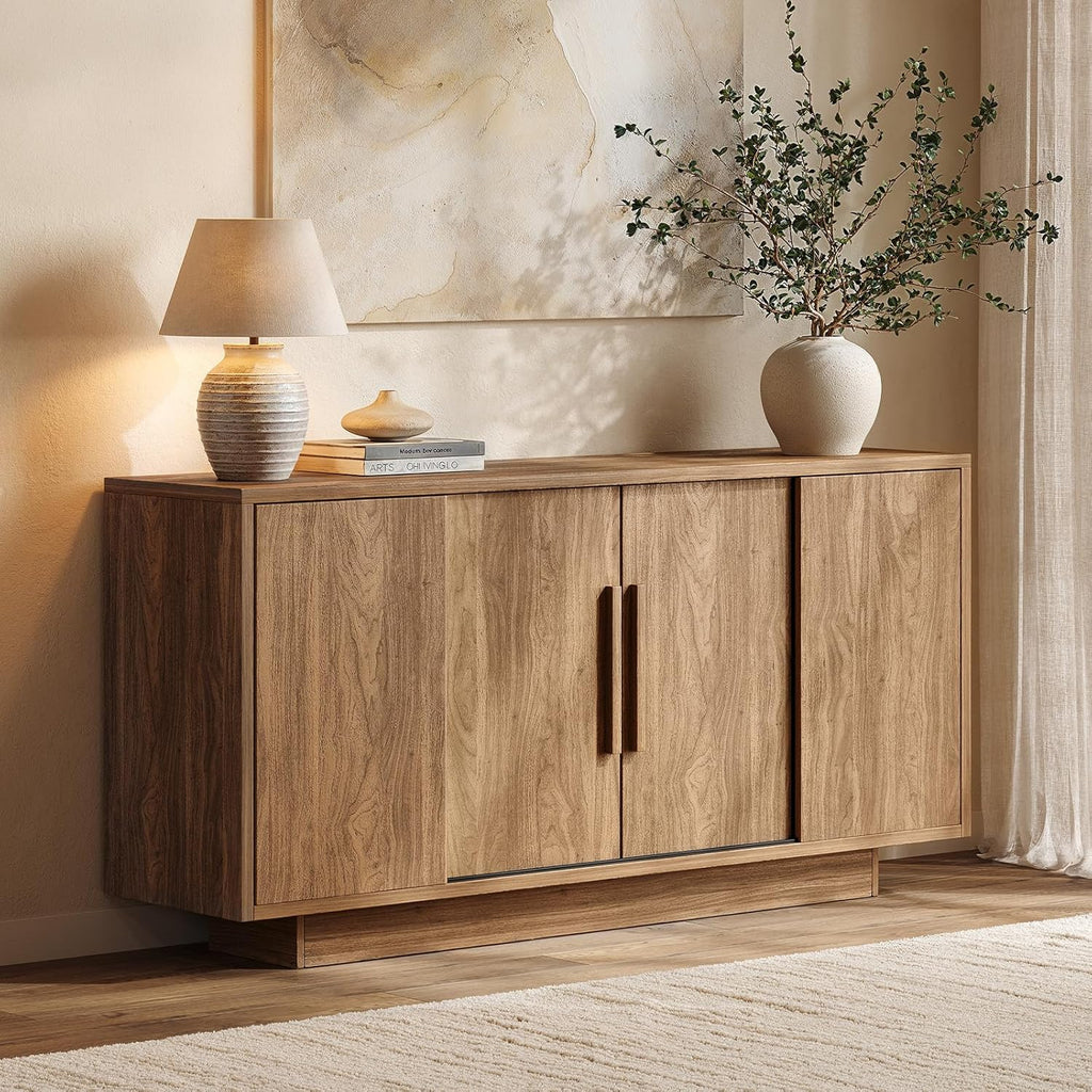 ModernMate 63'' Sideboard Buffet Cabinet with 4 Sliding Doors, Wood Credenza Storage Cabinet with Pedestal Base, Large Side Board with Adjustable Shelf for Living Room, Kitchen, Hallway, Walnut