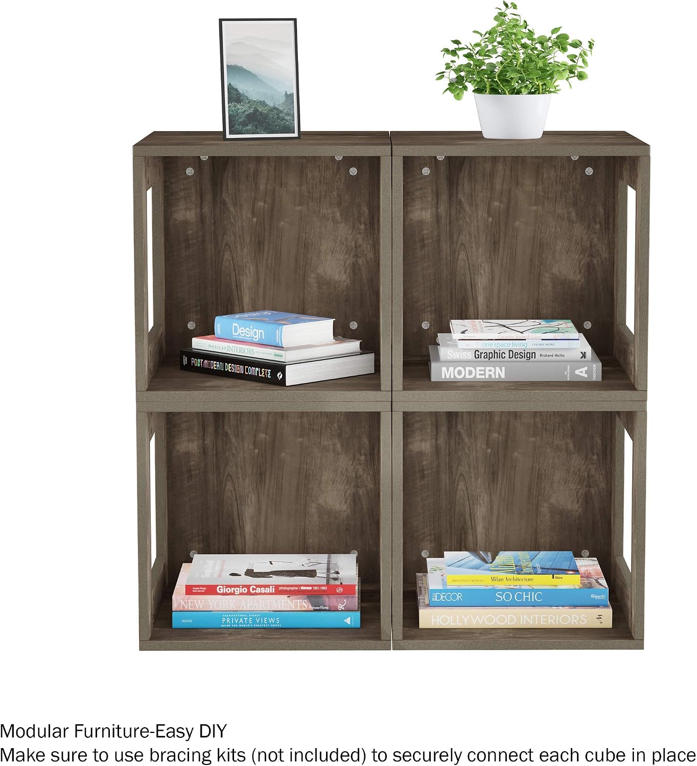 Lavish Home Side Table with Storage - Set of 2 Minimalist Modern Nightstand or End Table with Open Sides - Stackable Modular Accent Table for Bedroom, Living Room, or Office (Gray Woodgrain)