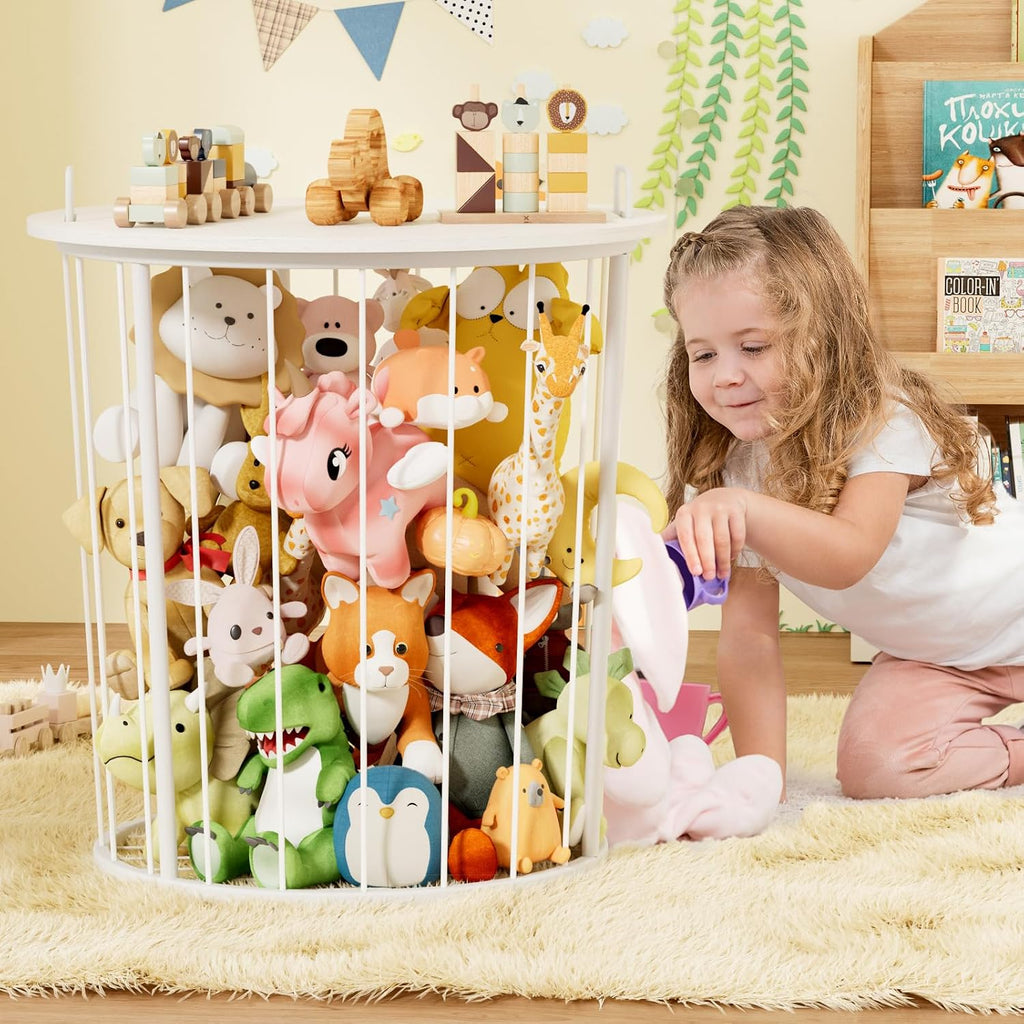 BBLIKE Large Stuffed Animal Storage End Table, Toy Storage for Kids Room | 100L Large Capacity, Metal Frame with Wood Lid, Elastic Rope, Side Handles, Wooden Stuffed Zoo Animal Holder, White