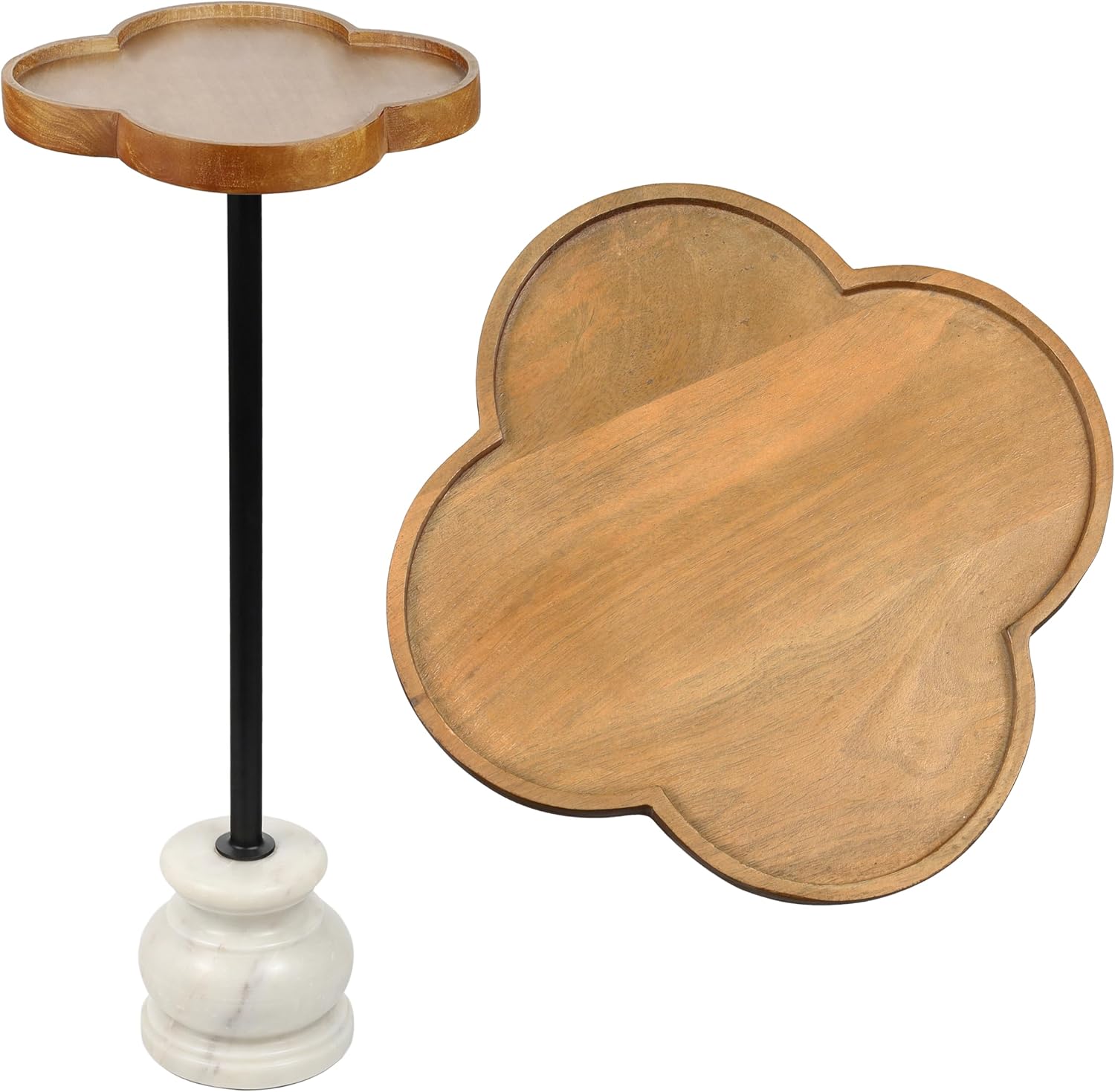 JONATHAN Y Colby Mango Wood Top Drink Table, 24.5" Tall Quatrefoil Martini Accent Table with White Marble Base and Black Iron Pedestal for Small Spaces in Living Room and Bedroom END3000A