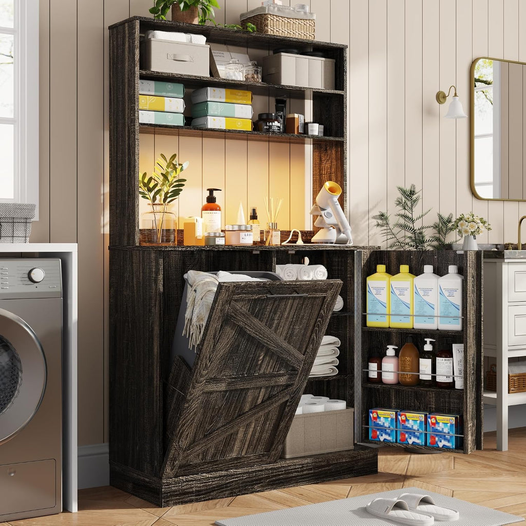 Squireewo 63" H Pantry Cabinets with 10 Gallon Trash Can,Led Light,Outlet,35" W Kitchen Hutch with Tilt Out Trash Can Cabinet,Farmhouse Cupboard with Large Countertop for Living Room, Dining Room