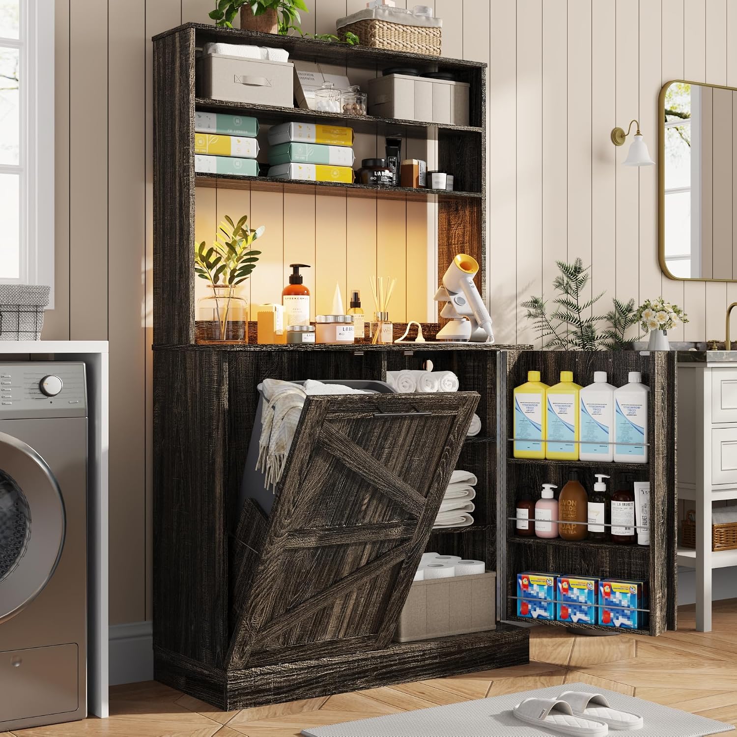 Squireewo 63" H Pantry Cabinets with 10 Gallon Trash Can,Led Light,Outlet,35" W Kitchen Hutch with Tilt Out Trash Can Cabinet,Farmhouse Cupboard with Large Countertop for Living Room, Dining Room