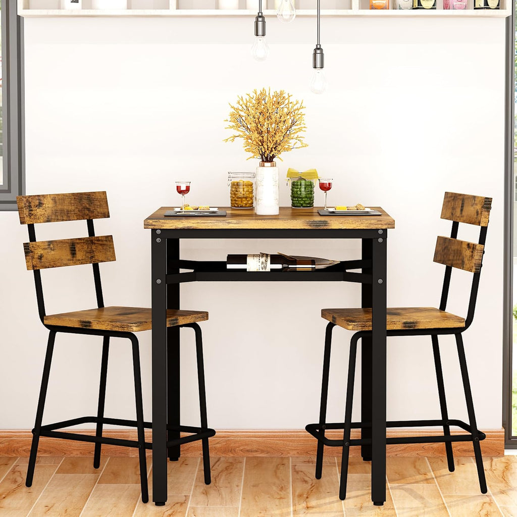 Hooseng 3 Piece Bar Table and Chairs Set, Counter Height Small Dining Table with 2 Bar Stools, Farmhouse Square Kitchen Table with Storage for Bistro, Pub, Small Space