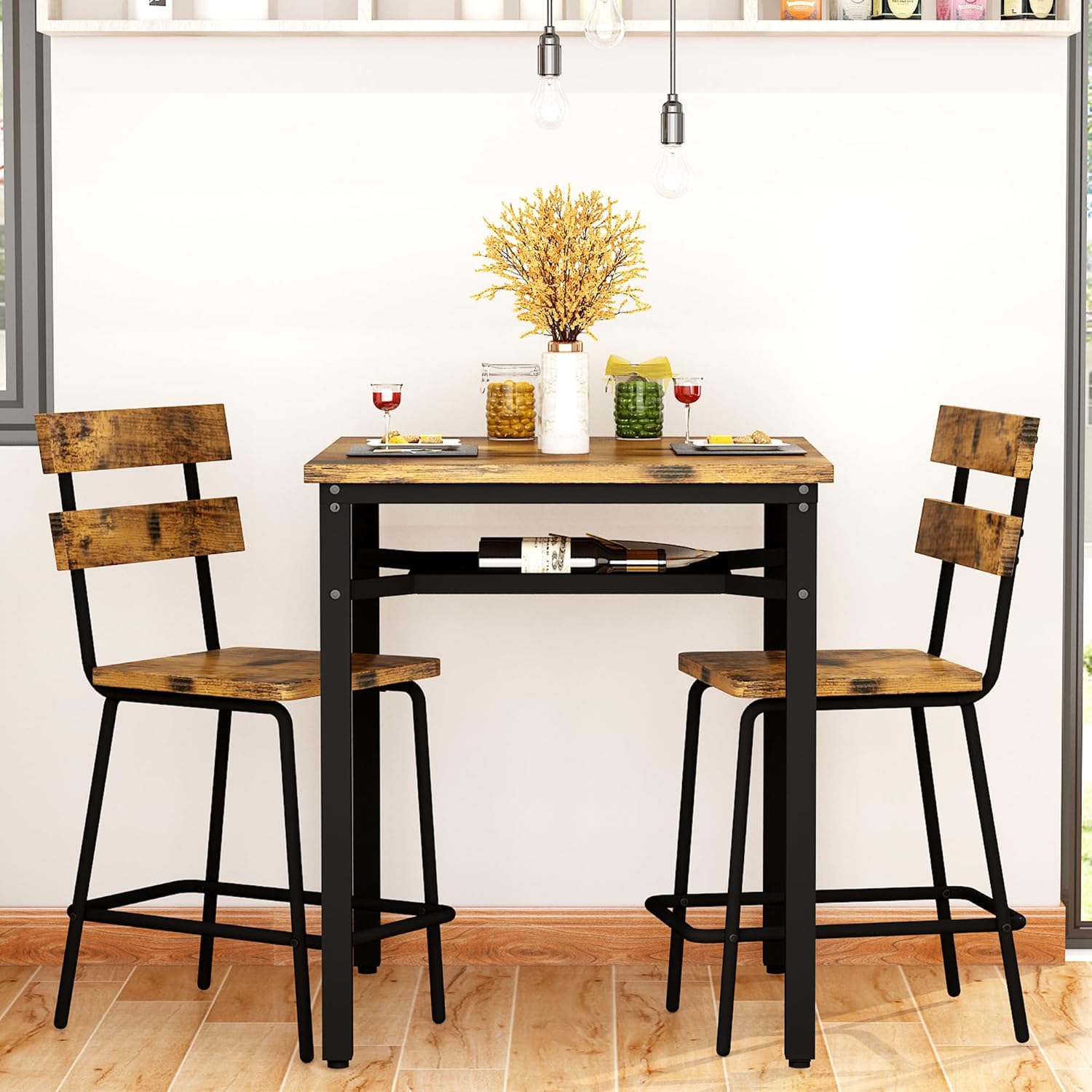 Hooseng 3 Piece Bar Table and Chairs Set, Counter Height Small Dining Table with 2 Bar Stools, Farmhouse Square Kitchen Table with Storage for Bistro, Pub, Small Space