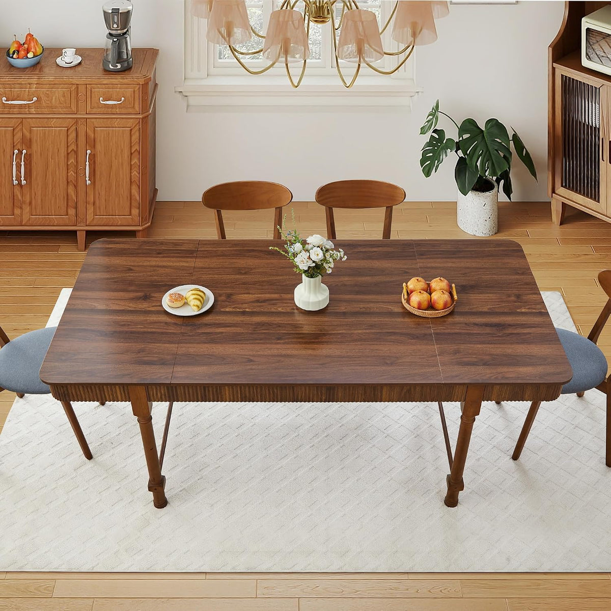 Fluted Dining Table for 6 to 10 People, 79'' Long Rustic Dinner Table with Drawers, Farmhouse Rectangular Wooden Tables for Kitchen, Dining Room, Living Room (Walnut)