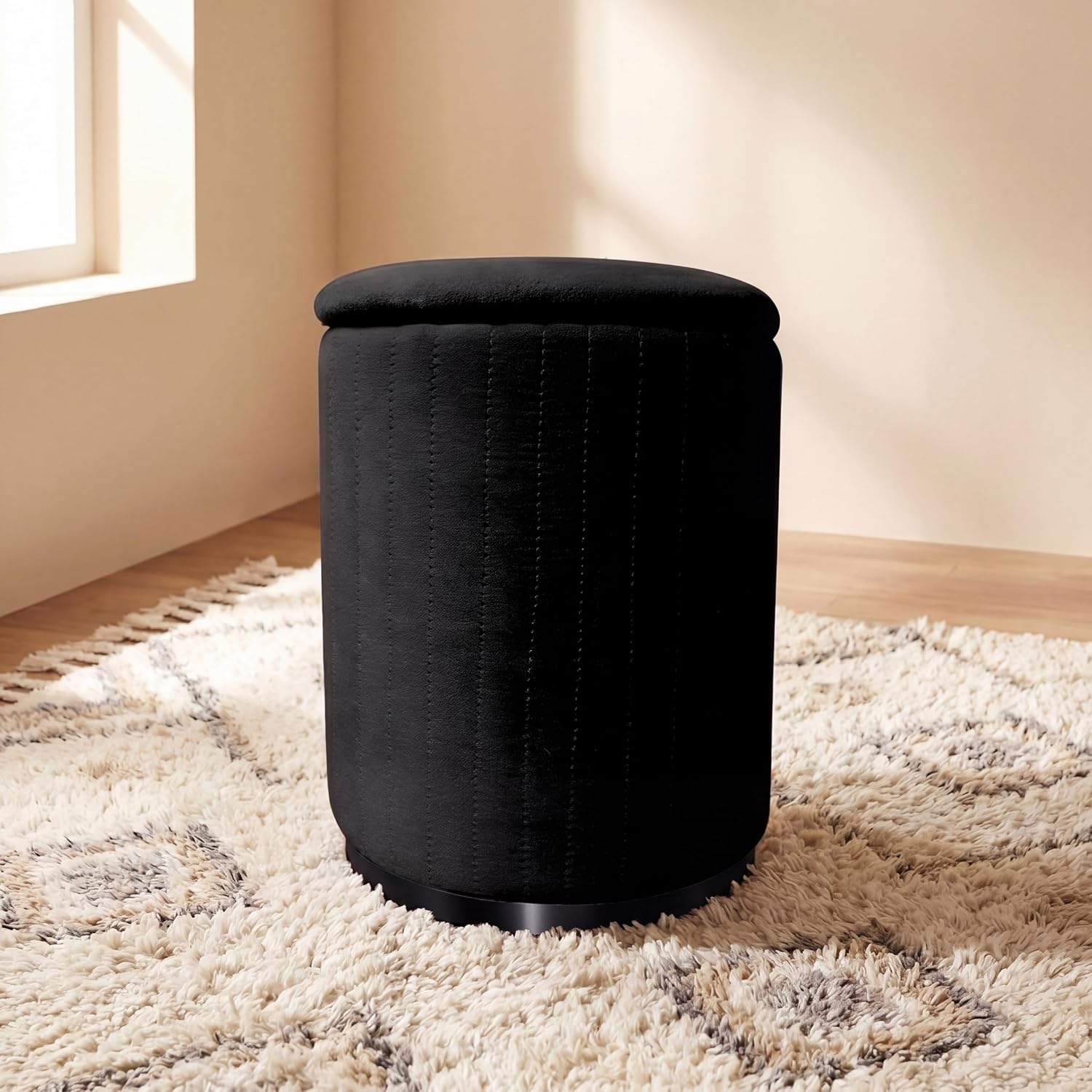 Boahaus Modern Black Suede Vanity Stool with Hidden Storage, Soft Cushioned Seat & Footrest Ottoman for Bedroom, Makeup Vanity, or Living Room – 17” Height