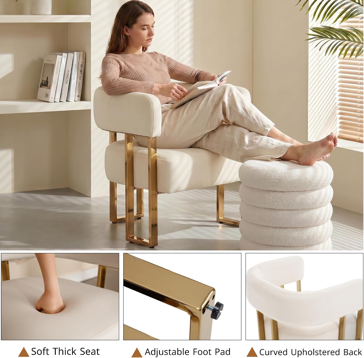 Barrel Accent Chair, Living Room Side Chair with Golden Metal Legs, Soft Velvet Upholstered Reading Armchair for Bedroom, Modern Club Chair for Reception Room/Lounge/Office, Ivory